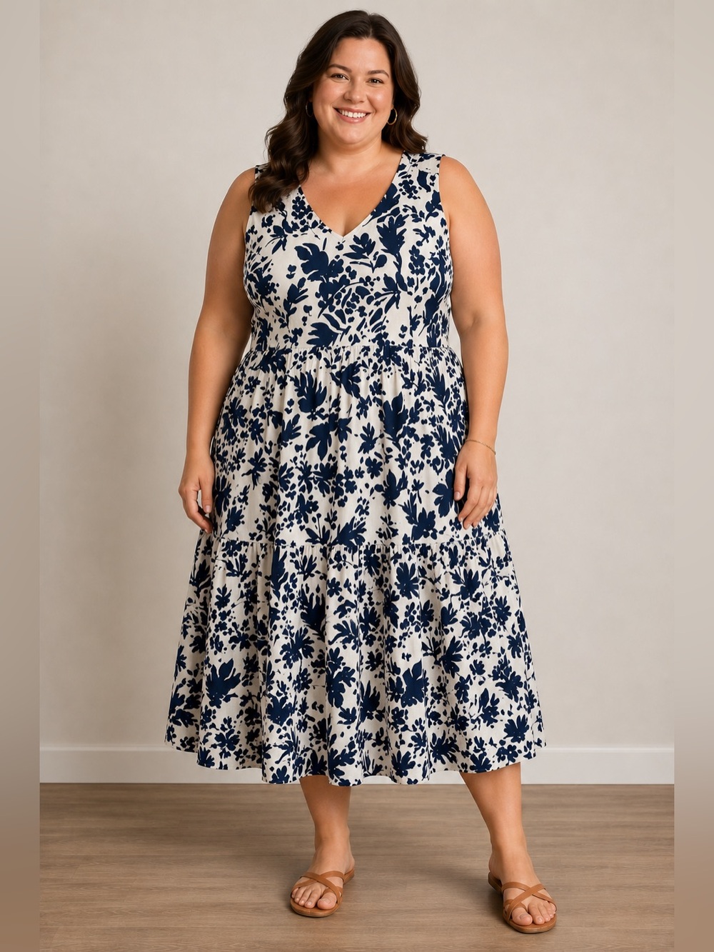T Tahari Floral Linen Blend Midi Tiered Dress 2X Sleeveless Resort Summer Beachy